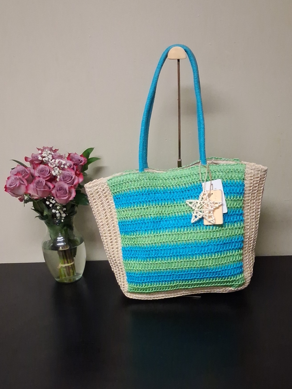 Vintage Havanna Crochet Straw Tote with Turquoise Handles